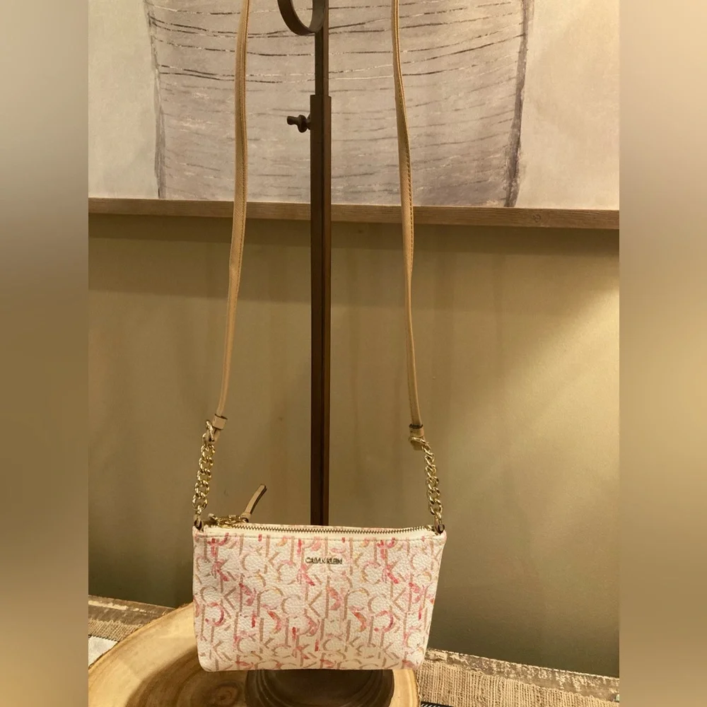CALVIN KLEIN White With Pink Monogram Logo‎ Print Small Crossbody Bag New